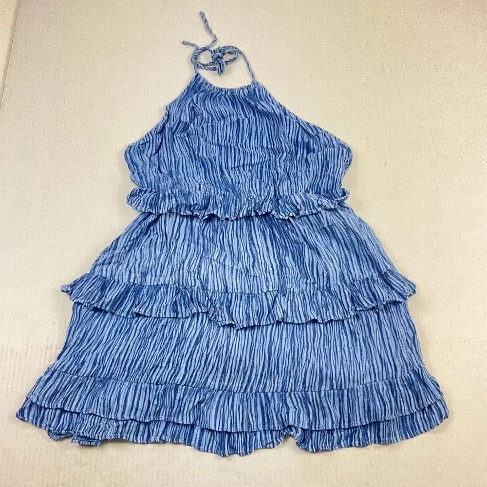 Lulus Layered Halter Blouse Blue Neck Tie Sleeveless Top Back Zip Size S Small